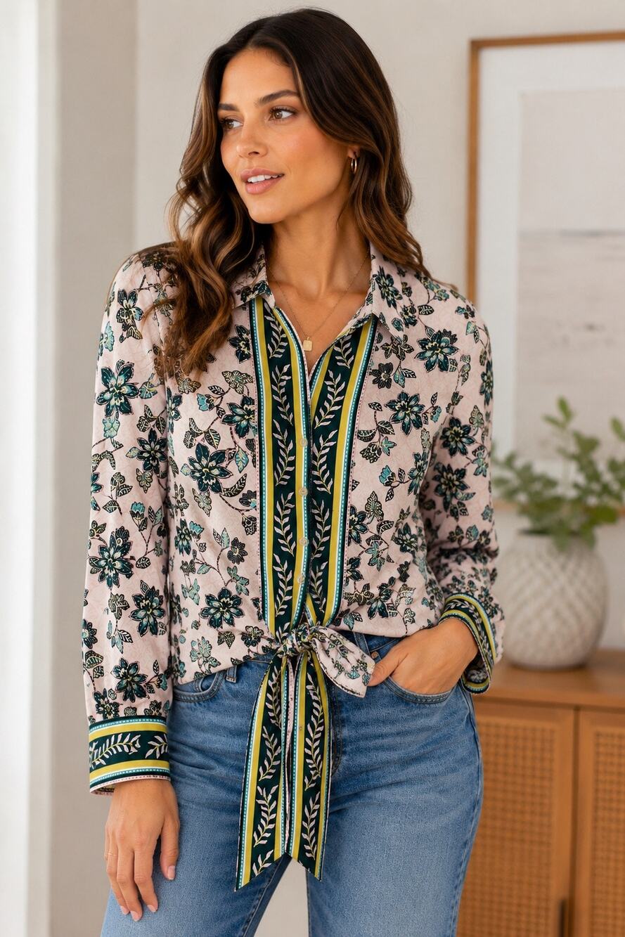 LOFT Floral Tie Waist Blouse Pink Teal Botanical Print Boho Career XS Cottage